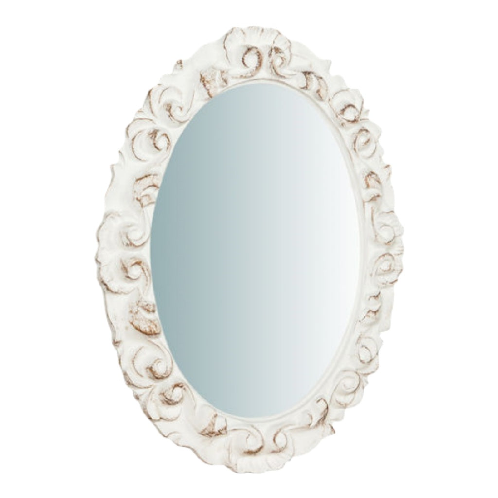 Espejo decorativo ovalado estilo vintage, marco tallado blanco envejecido, para pared